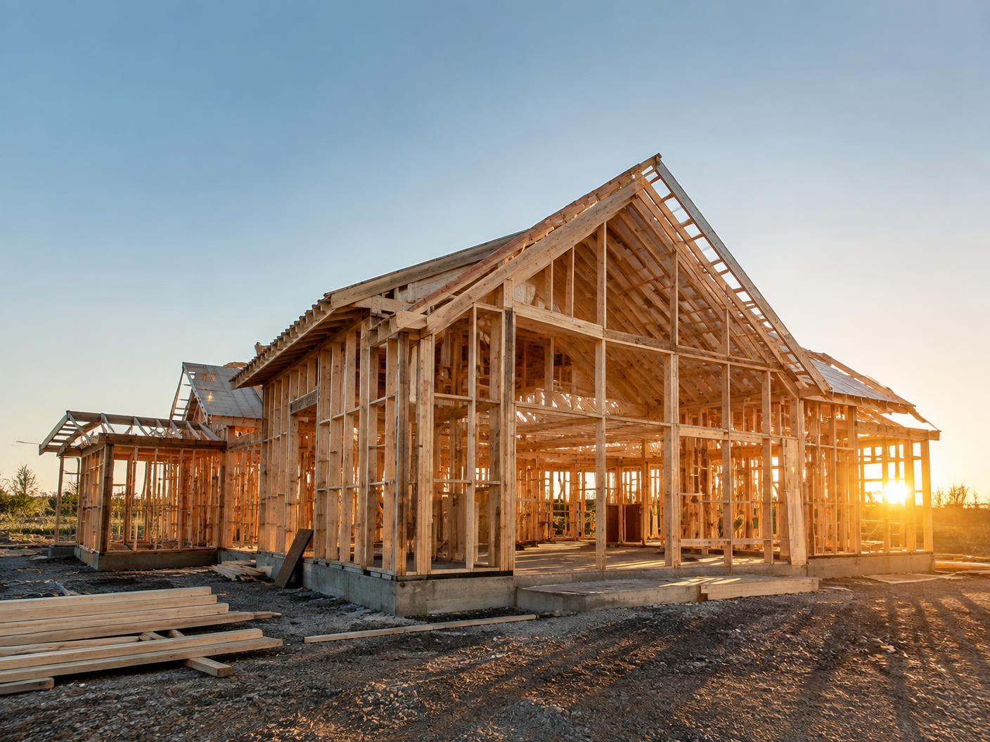 New custom home under construction at golden hour
