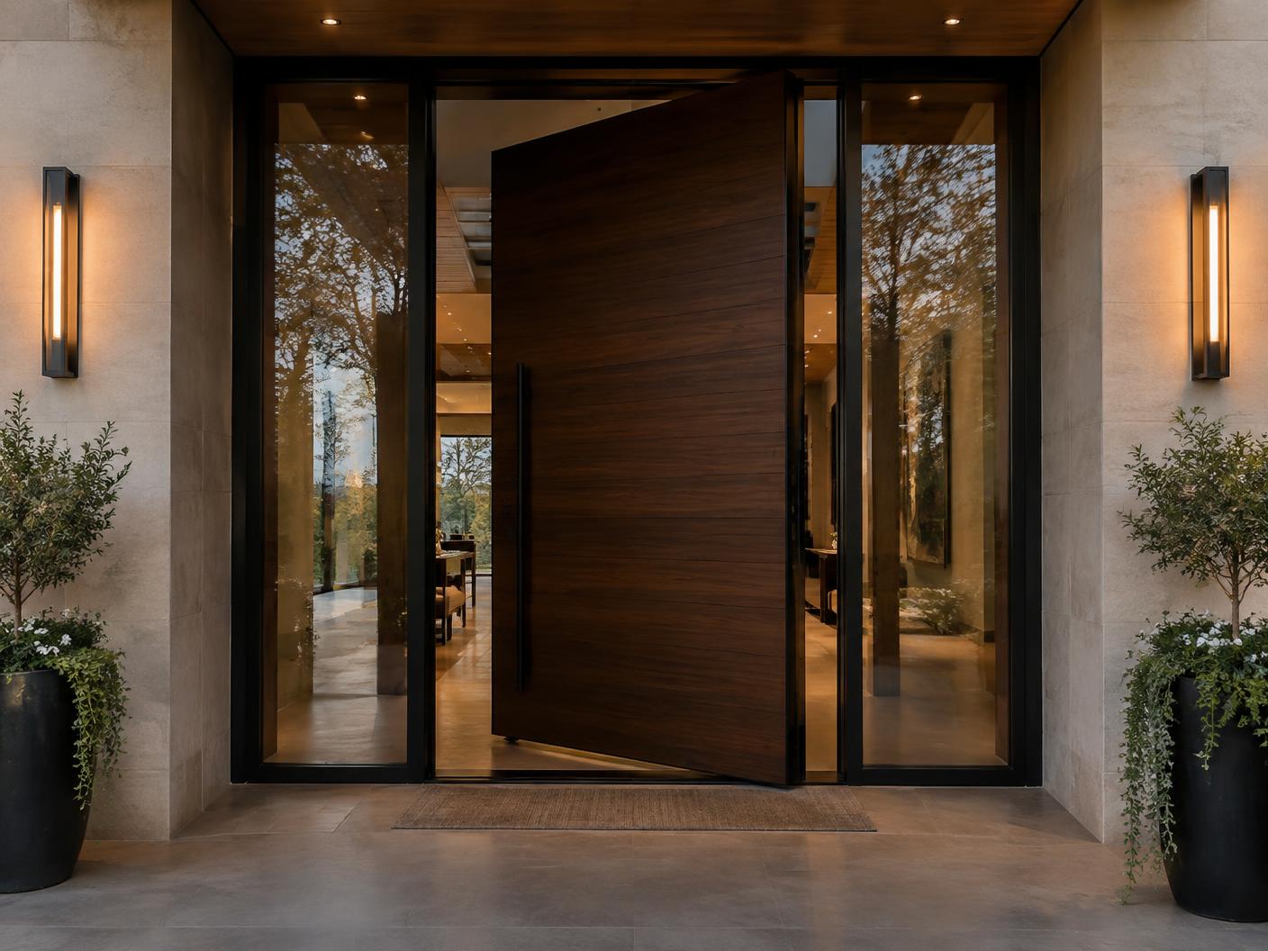 Modern oak pivot front door with tall glass sidelights